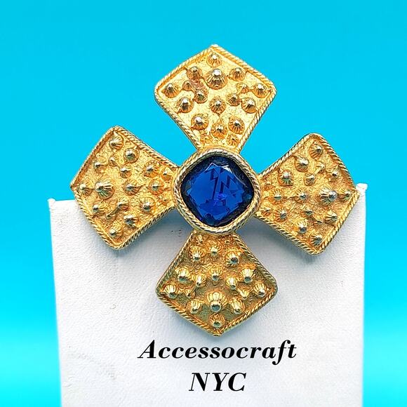 Vintage Accessocraft NYC Maltese Cross Brooch, Brutalist Blue Glass, 2” Signed - Picture 1 of 11